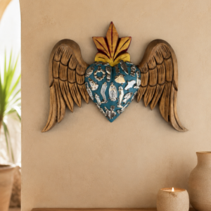 Sacred Heart Wall Décor Made Of Wood From Huauchinango Puebla With Milagrito Charms, Handmade By Mexican Artisans