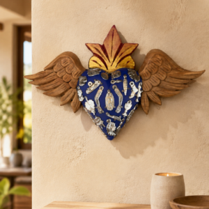 Sacred Heart Wall Décor Made Of Wood From Huauchinango Puebla With Milagrito Charms, Handmade By Mexican Artisans