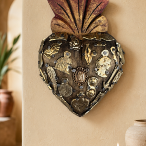 Sacred Heart Wall Décor Made Of Wood From Huauchinango Puebla With Milagrito Charms, Handmade By Mexican Artisans