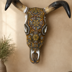 Bull Sculpture Huichol Statue Of Mexican Folk Art, Cow Wixarika  Made Of Beads On Real Skull