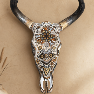Bull Sculpture Huichol Statue Of Mexican Folk Art, Cow Wixarika  Made Of Beads On Real Skull