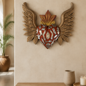 Sacred Heart Wall Décor Made Of Wood From Huauchinango Puebla With Milagrito Charms, Handmade By Mexican Artisans