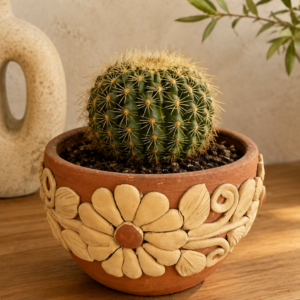 Planter Made Of Clay From Santa María Atzompa Oaxaca With Floral Details, Handmade By Mexican Artisans