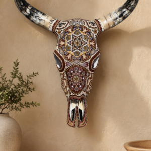 Bull Sculpture Huichol Statue Of Mexican Folk Art, Cow Wixarika  Made Of Beads On Real Skull
