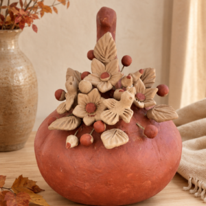 Decorative Pumpkin Made Of Clay From Santa María Atzompa Oaxaca, Floral And Bird Design, Handmade By Mexican Artisans