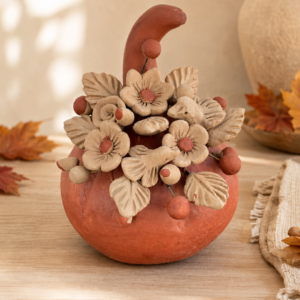 Decorative Pumpkin Made Of Clay From Santa María Atzompa Oaxaca, Floral And Bird Design, Handmade By Mexican Artisans