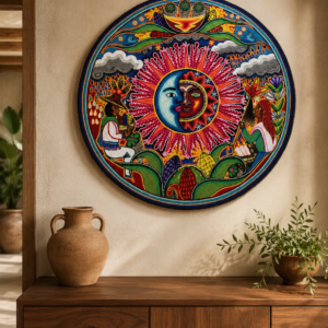 Wixarika Yarn Painting With Chaquira Made With Beeswax From Nayarit Mexico, Size 23.6” Handmade By Mexican Artisans
