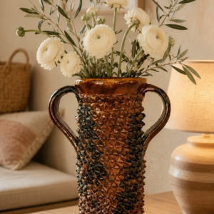 Textured Pitcher Vase Made Of Glazed Clay From Michoacán, Mexico, Handmade By Mexican Artisans