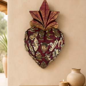 Sacred Heart Wall Décor Made Of Wood From Huauchinango Puebla With Milagrito Charms, Handmade By Mexican Artisans