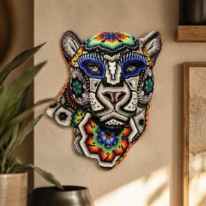 Jaguar Statue  Huichol Sculpture Of Mexican Folk Art, Panther Wixarika As A Mexican Decorative Figure , Made Of Resin and Beads