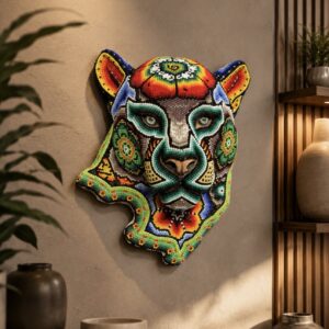 Jaguar Statue  Huichol Sculpture Of Mexican Folk Art, Panther Wixarika As A Mexican Decorative Figure , Made Of Resin and Beads