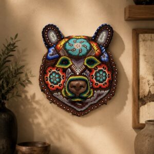 Bear Statue  Huichol Sculpture Of Mexican Folk Art, Panther Wixarika As A Mexican Decorative Figure , Made Of Resin and Beads