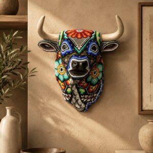 Bull Sculpture Huichol Statue Of Mexican Folk Art, Cow Wixarika  Made Of Beads On Real Skull