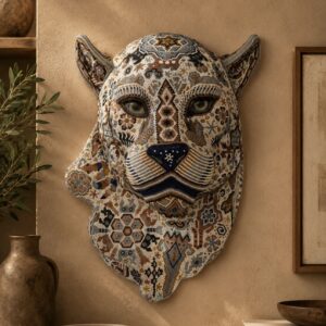 Jaguar Statue  Huichol Sculpture Of Mexican Folk Art, Panther Wixarika As A Mexican Decorative Figure , Made Of Resin, Beads We “Customize”
