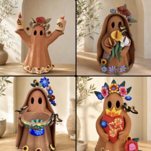 Mexican Ghost Candle Holder Made Of Clay From Metepec Estado De México, Folk Art Handmade By Mexican Artisans