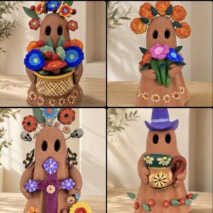 Mexican Ghost Candle Holder Made Of Clay From Metepec Estado De México, Folk Art Handmade By Mexican Artisans