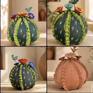 Biznaga Cactus Made Of Clay With Flower And Hummingbird From Metepec Estado De México, Handmade By Mexican Artisans