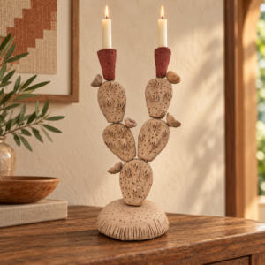 Handmade Mexican Clay Nopal Candle Holder – Prickly Pear Cactus Candelabra From Oaxaca