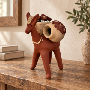 Handmade Mexican Clay Burro Sculpture – Donkey with Flower Baskets Folk Art