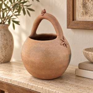 Handmade Mexican Terracotta Basket with Frog Details – Rustic Clay Decor