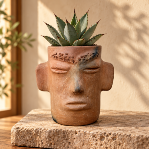 Handmade Mexican Terracotta Face Planter – Rustic Sculptural Clay Pot From Oaxaca