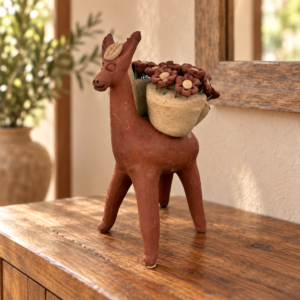 Handmade Mexican Clay Burro Sculpture – Donkey with Flower Baskets Folk Art