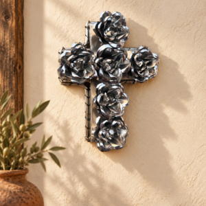 Handmade silver tin floral cross wall decor in a warm MexRoots-style home