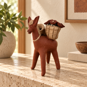 Handmade Mexican Clay Burro Sculpture – Donkey with Flower Baskets Folk Art