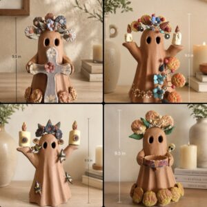 Mexican Ghost Candle Holder Made Of Clay From Metepec Estado De México, Folk Art Handmade By Mexican Artisans