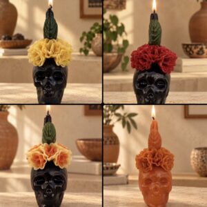 Medium Handmade Oaxacan Beeswax Skull Candle – Floral Día de Muertos Decor