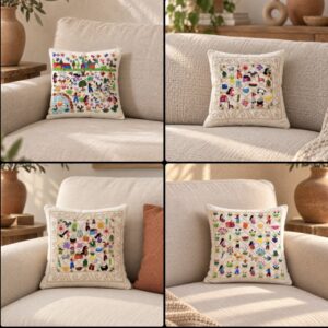 Hand Embroidered Purépecha Village Scene Pillow From Tzintzuntzan Michoacán, Size 10” Handmade By Mexican Artisans