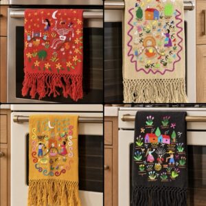 Hanging Hand Towel Hand Embroidered With Purépecha Village Scene From Tzintzuntzan Michoacán, Handmade By Mexican Artisans