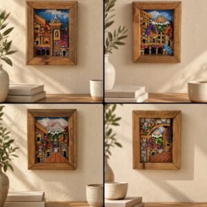 Village 3D Art With Wood Frame And Pumice Stone From Mexico, 5” × 6.5” Handmade By Mexican Artisans