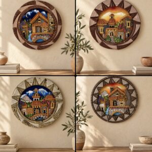 Round Village 3D Art In Cantera And Pumice Stone From Mexico, 12” Diameter Handmade By Mexican Artisans