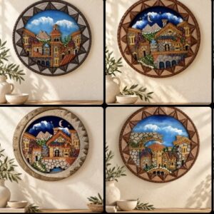 Round Village 3D Art In Cantera And Pumice Stone From Mexico, 15.8” Diameter Handmade By Mexican Artisans