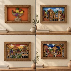 Framed 3D Wall Art In Wood And Pumice Stone From Mexico, Decorative Scenes Handmade By Mexican Artisans